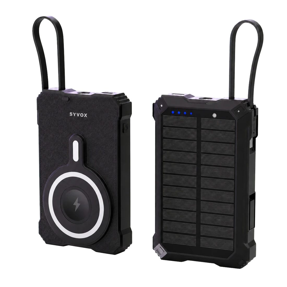 Zwarte SYVOX Solar Magnetic Powerbank als vrijstaand productbeeld