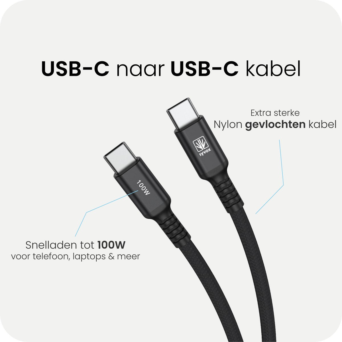 Productinfographic van de gevlochten USB-C-kabel met opgegeven laadvermogen
