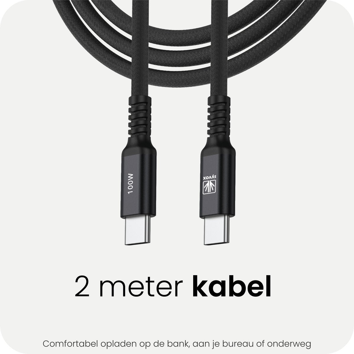 Productinfographic van de opgerolde USB-C-kabel met opgegeven lengte