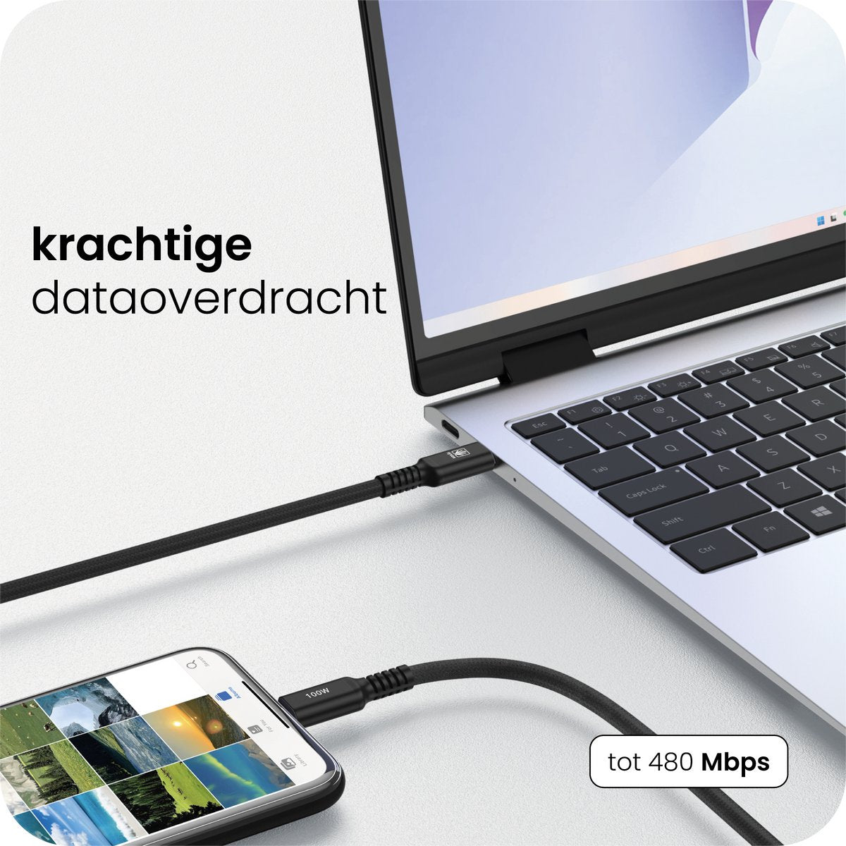 Productinfographic van gegevensoverdracht tussen telefoon en laptop met opgegeven snelheid
