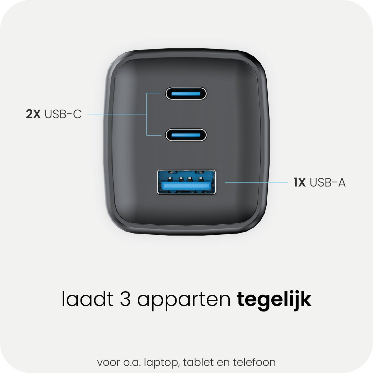 Productinfographic met twee USB-C-poorten, één USB-A-poort en gelijktijdig laden
