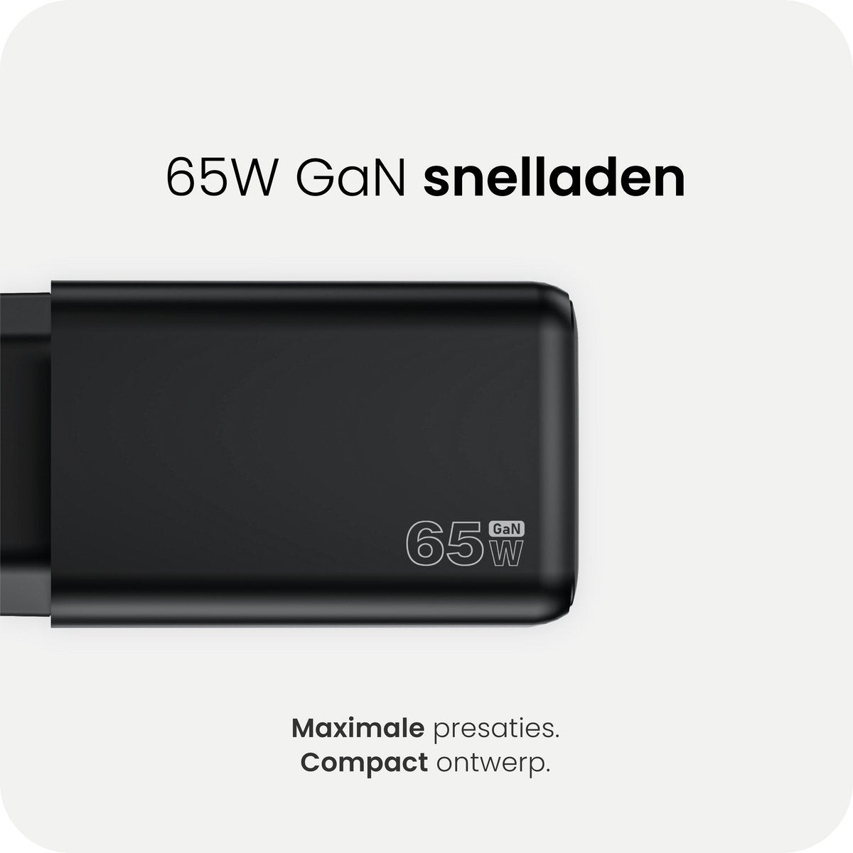 Productinfographic met zijaanzicht en opgegeven 65W GaN-snelladen