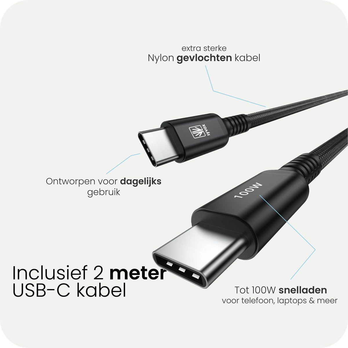 Productinfographic van de meegeleverde gevlochten USB-C-kabel met opgegeven lengte en laadvermogen