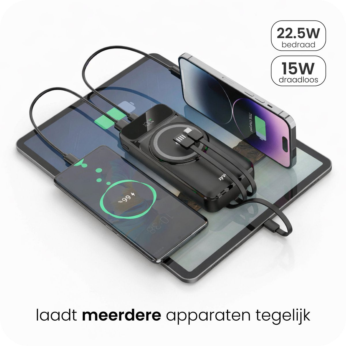 Productinfographic waarin de powerbank meerdere mobiele apparaten bedraad en draadloos oplaadt