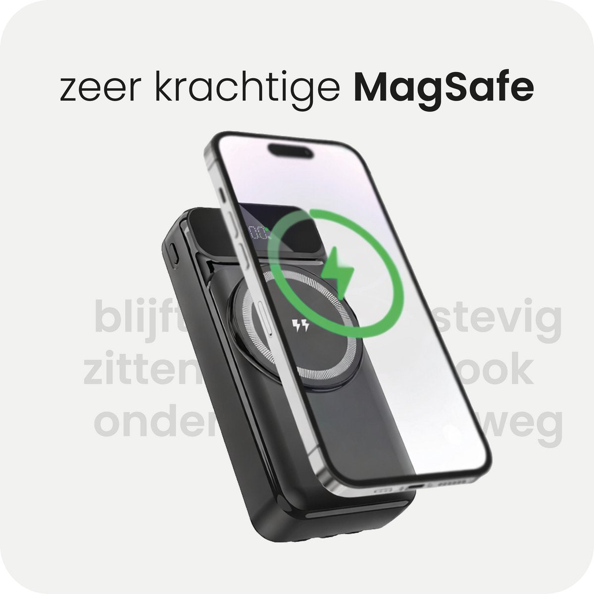 Productinfographic met een telefoon op het magnetische draadloze laadvlak