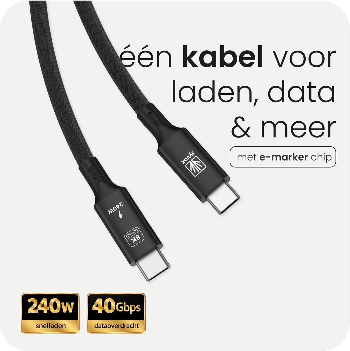 Productinfographic met opgegeven laadvermogen, datasnelheid en E-markerchip
