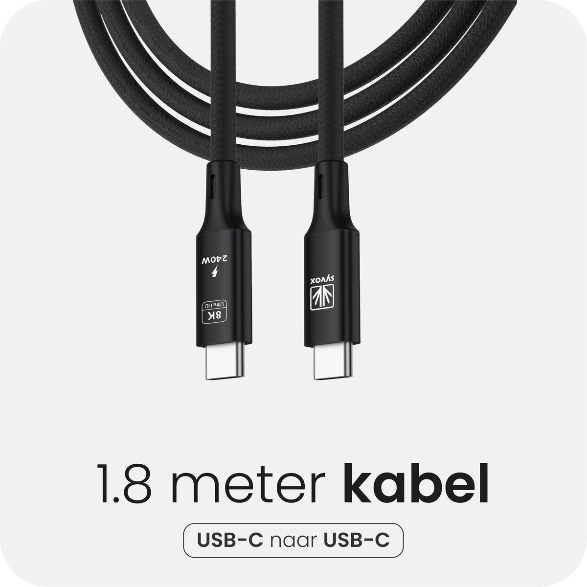 Productinfographic van de opgerolde USB-C-kabel met opgegeven lengte