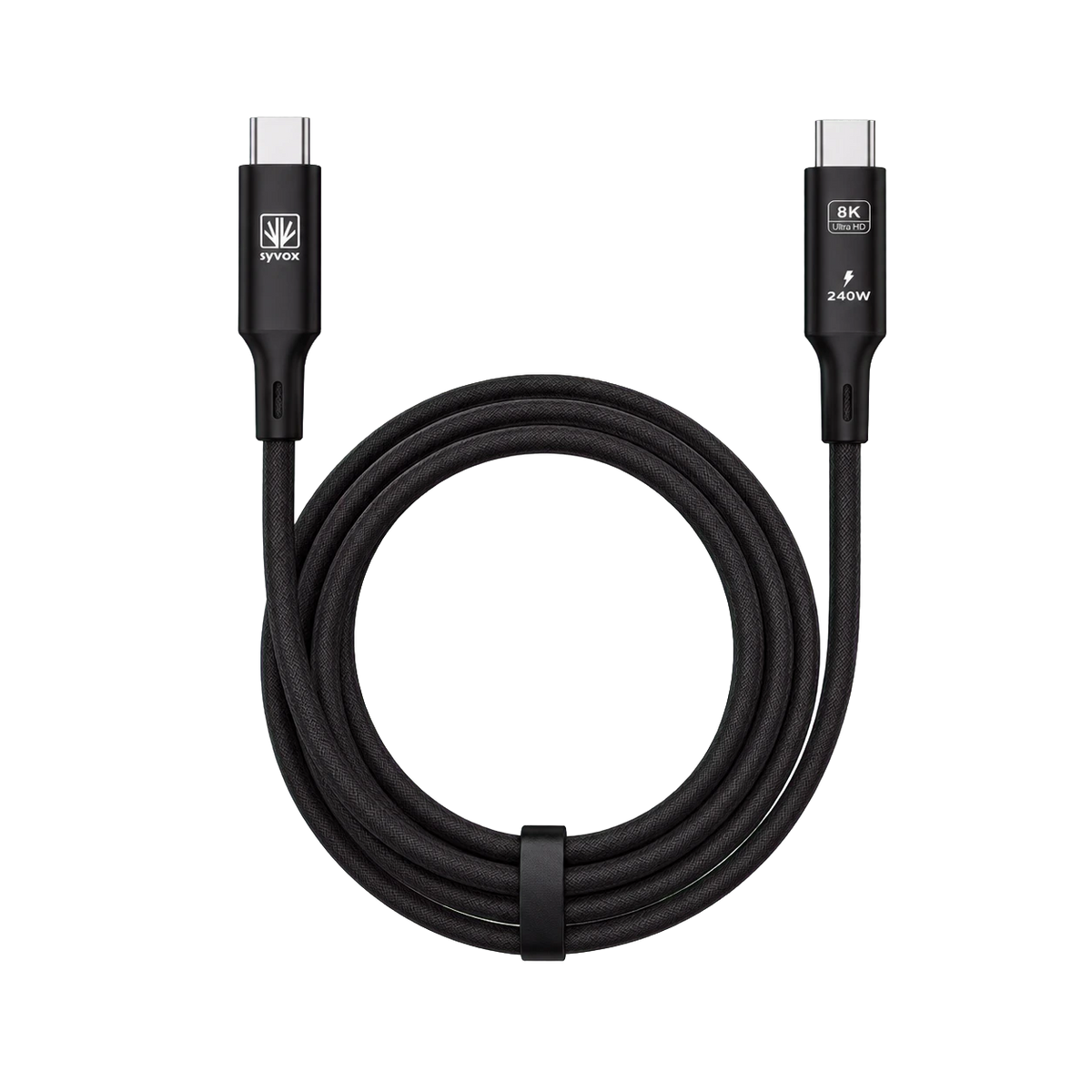 Zwarte gevlochten SYVOX Power USB-C-kabel als vrijstaand productbeeld