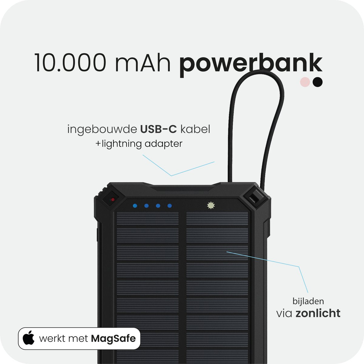 Productinfographic met zonnepaneel, ingebouwde USB-C-kabel en Lightning-adapter