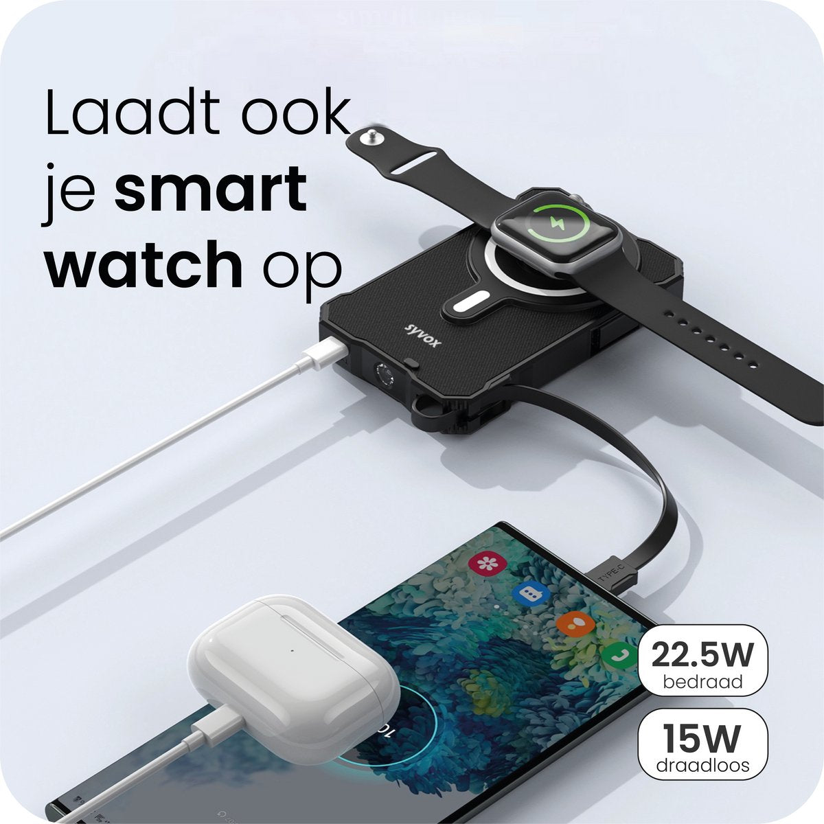 Productinfographic waarin de powerbank een telefoon, oordopjes en horloge oplaadt
