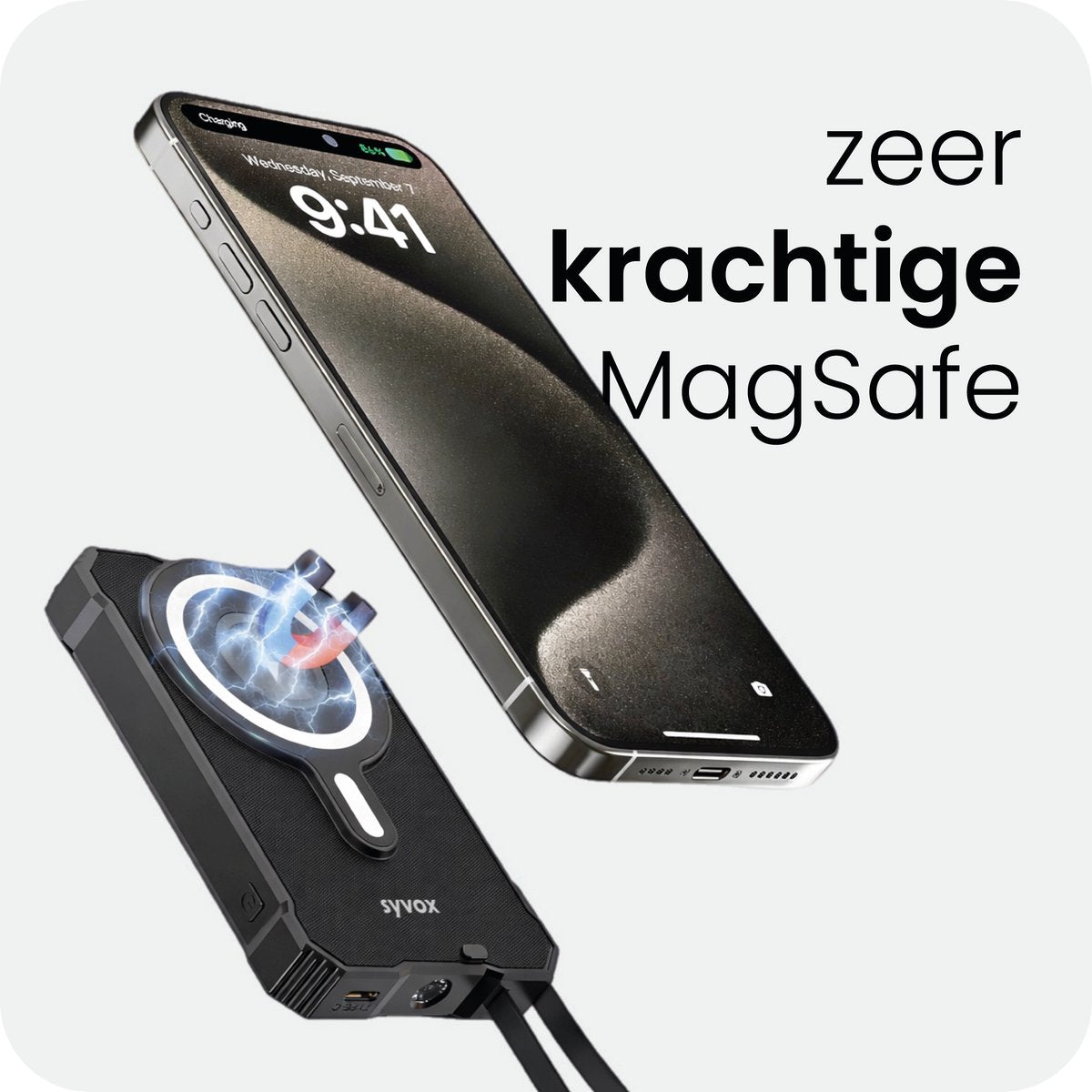 Productinfographic met een telefoon op het magnetische draadloze laadvlak