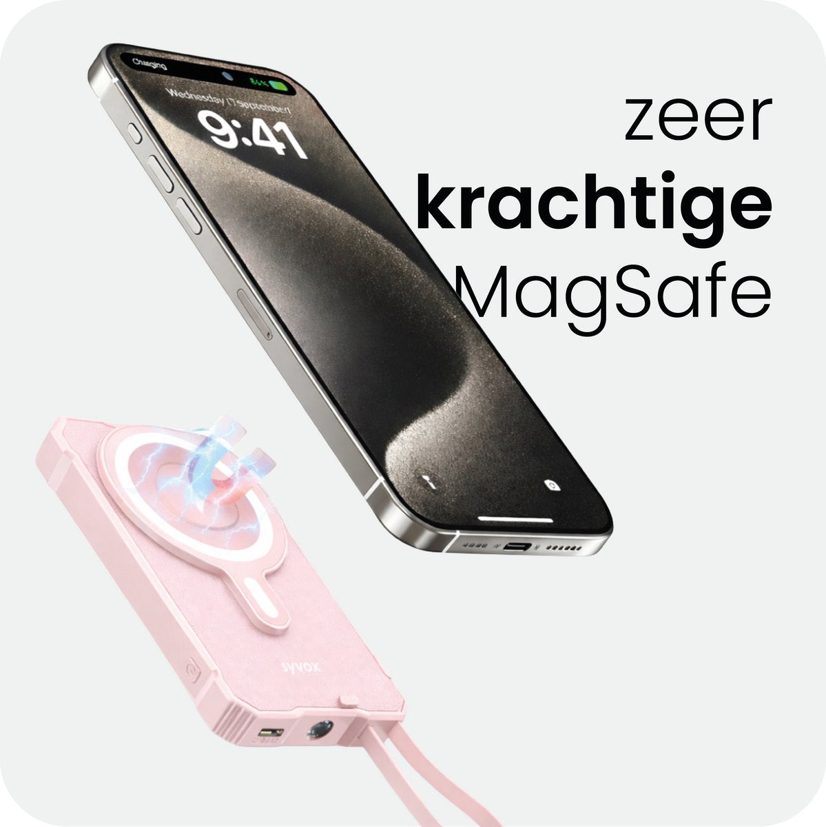 Productinfographic met een telefoon op het magnetische draadloze laadvlak van de roze powerbank