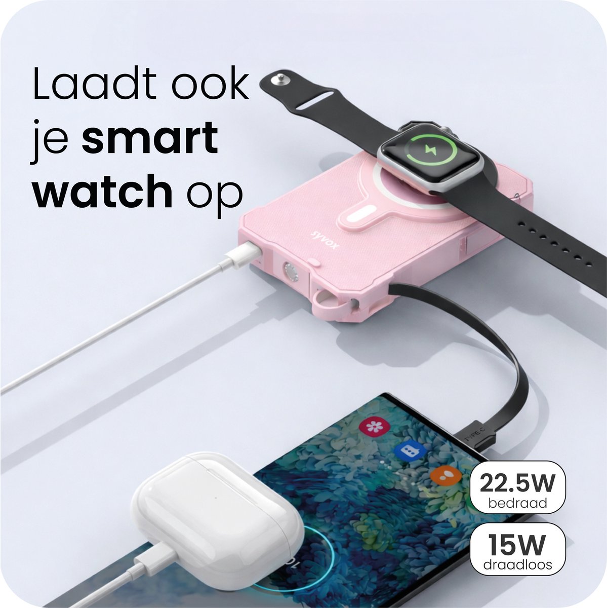 Productinfographic waarin de roze powerbank een telefoon, oordopjes en horloge oplaadt