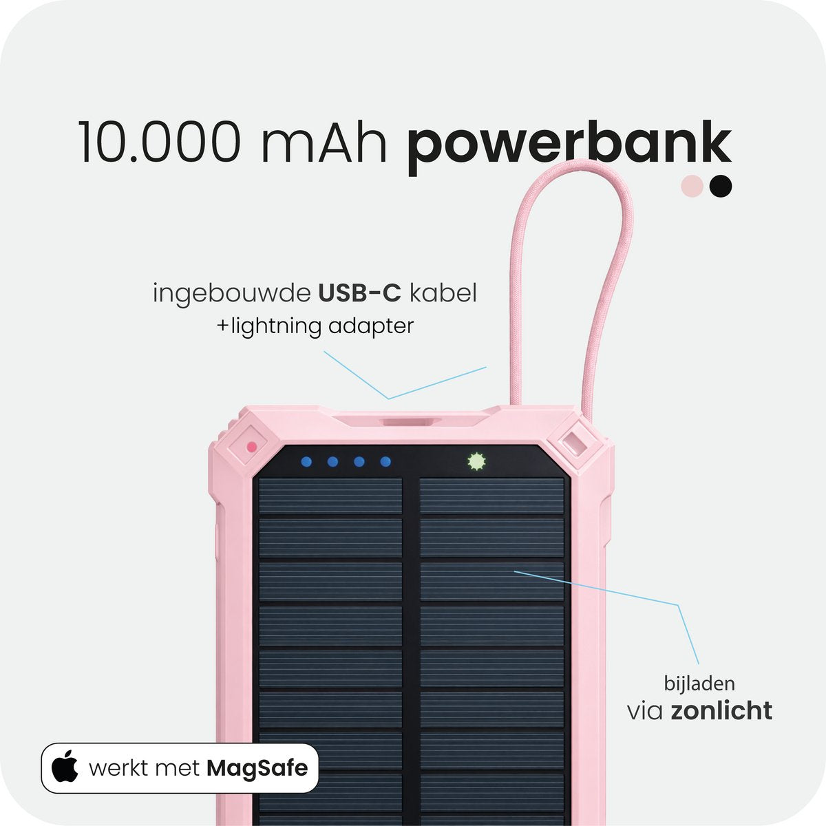 Productinfographic met zonnepaneel, ingebouwde USB-C-kabel en Lightning-adapter
